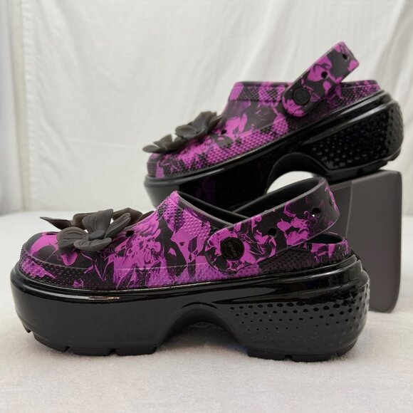 Crocs Platform Sandals Floral Print Purple Black w/Flower Croc Charms - Picture 4 of 10